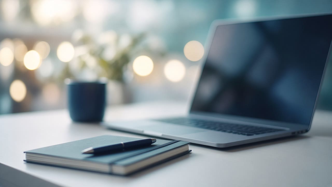 Generic professional imagery — minimalist desk with laptop and notebook
