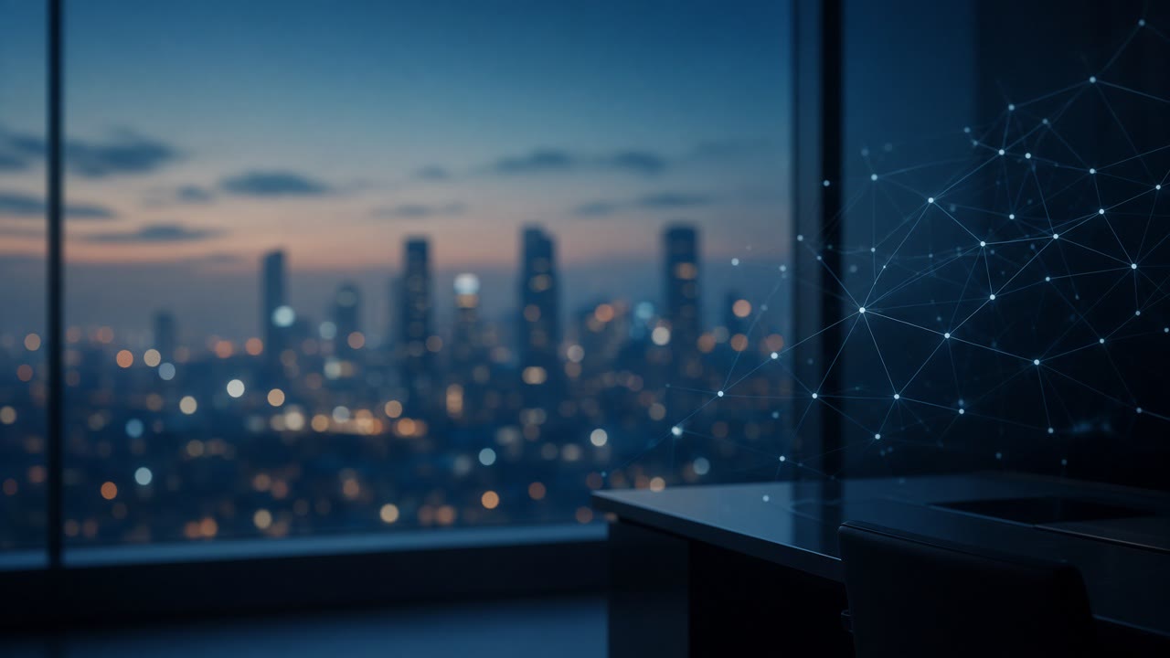 Generic professional imagery — city skyline at dusk with abstract network overlay
